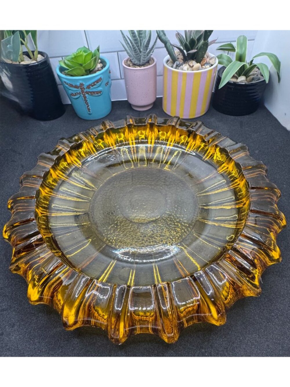 Vintage Fostoria Amber Heavy Glass Fluted Edge Ashtray Sunburst Design - Picture 2 of 6